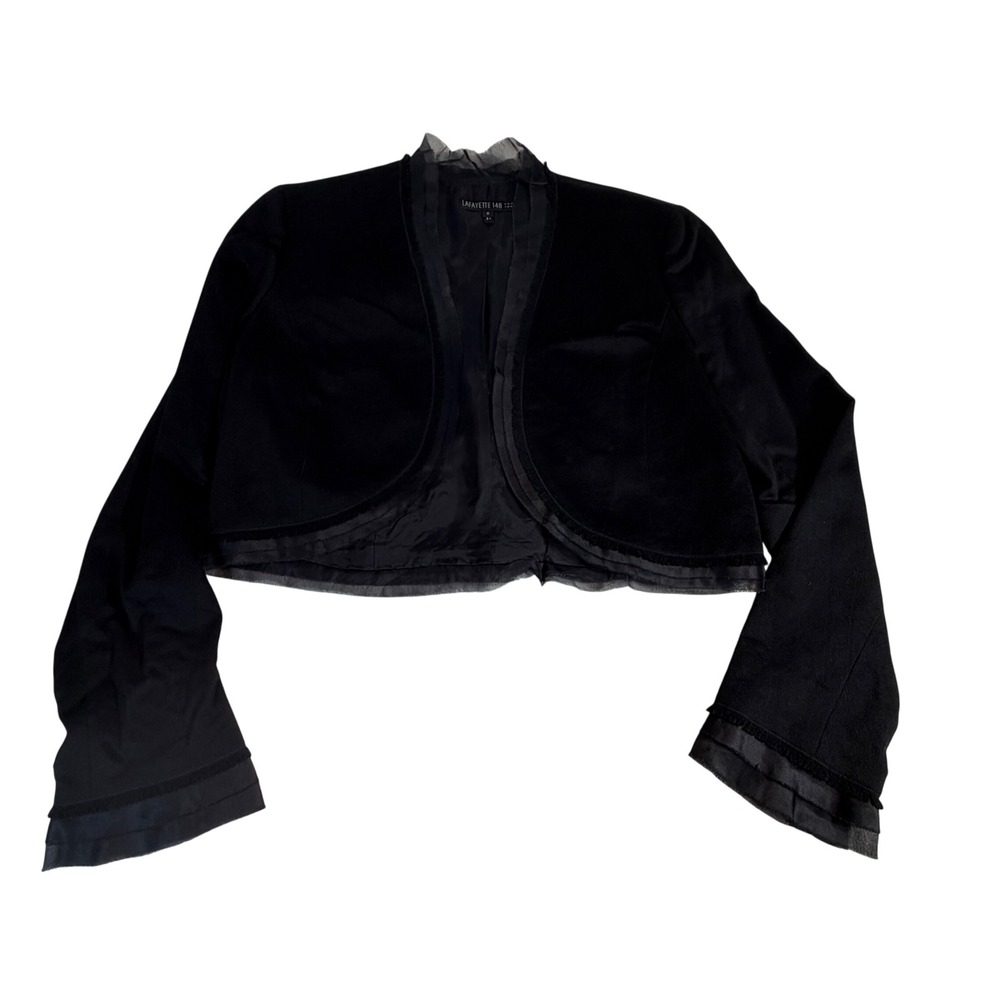 Lafayette 148 Velvet Bolero Jacket Size 8 Black Silk Trim Open Front Evening